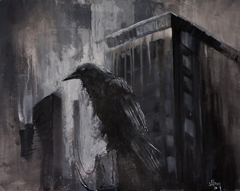 RAVEN CROW Decor * Giclee Print on CANVAS * Gothic Crow * Dark Moody Wall Urban Art * Contemporary Modern Art * Signed and Ready to Hang