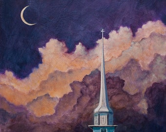 White Church Steeple Art Giclee Print of ORIGINAL Christian PAINTING on Stretched CANVAS Ready to Hang Christan Wall Canvas Art