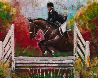 ORIGINAL HORSE PAINTING * On Stretched Canvas * Show Jumper Equistrian Steeplechase Art *  Horse Lovers * Ready to Hang