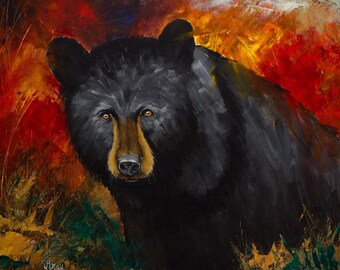 BLACK BEAR ART * Giclee on Canvas * Rustic Modern Bear Wall Art * Bear Art * Log Cabin Wall Art * Free Shipping to United States