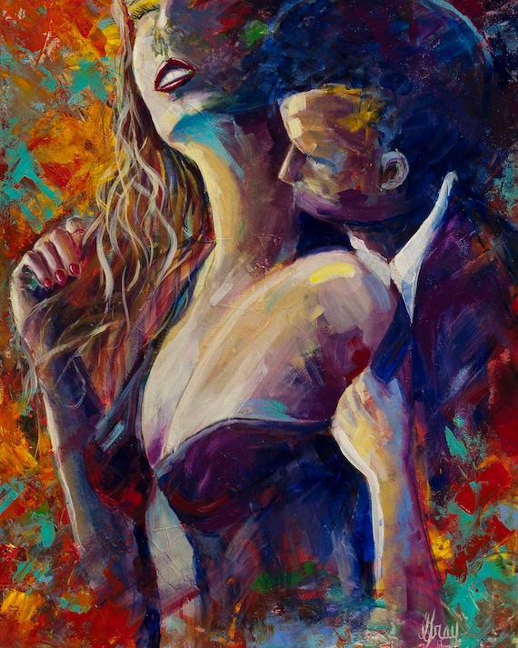 ROMANTIC LOVE Making Bedroom Painting Kissing Man and Woman Intimate  Bedroom Art Print on Canvas wonderful Tonight 
