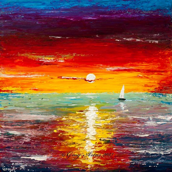 Ocean Scape Bright Colorful Seascape Giclee Print On Canvas Of 