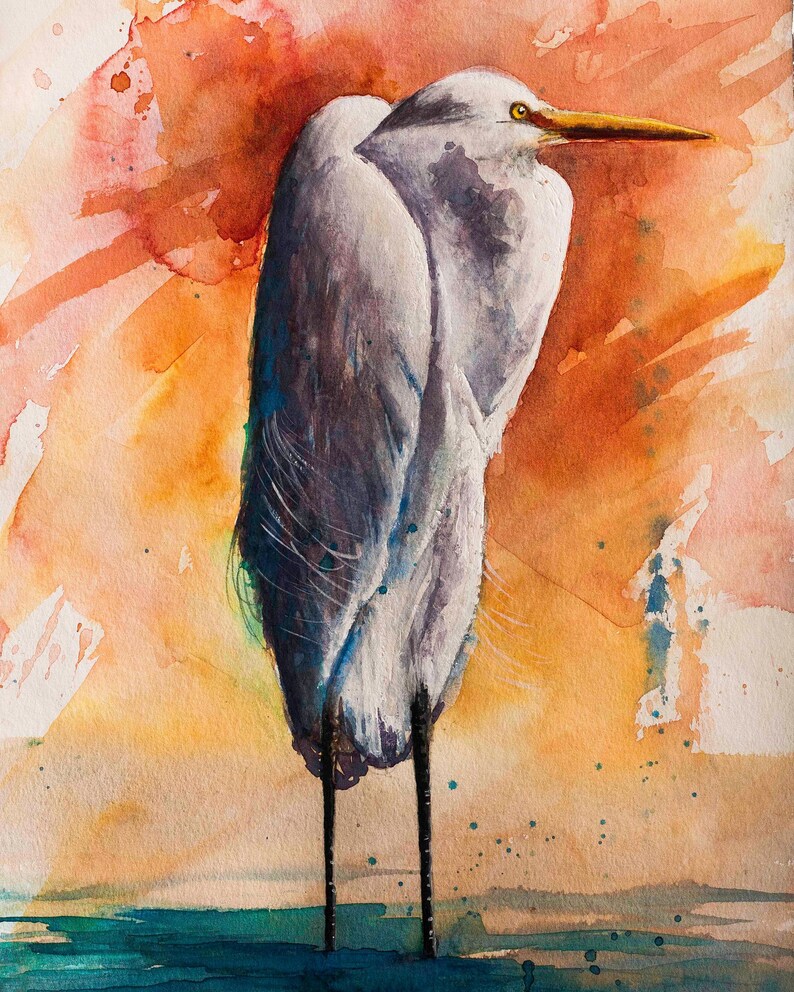 Wildlife Art Bird White Heron Print Canvas Wrapped Giclee Watercolor North Ina Artist
