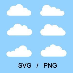 May include: A digital illustration of six white cloud shapes against a light blue background. The text "SVG / PNG" is displayed at the bottom of the image. The clouds vary in shape and size.