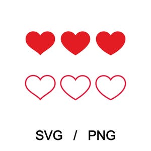 May include: A graphic design featuring six heart shapes. The top row has three solid red hearts, and the bottom row has three outlined hearts in red. The text "SVG / PNG" is below the hearts, indicating file formats.