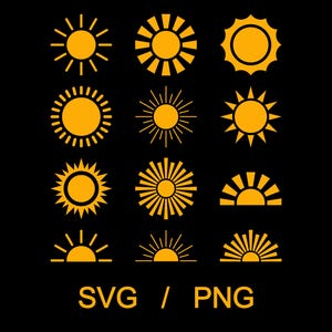 May include: A collection of twelve yellow sun illustrations in various designs on a black background. The suns have different styles, including rays, circles, and semi-circles. The text "SVG / PNG" is at the bottom.