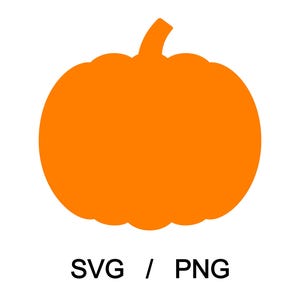 May include: A bright orange pumpkin silhouette graphic with a curved stem at the top. The design features smooth, rounded edges and a flat, solid color fill. Below the pumpkin graphic, the text SVG / PNG is printed in a simple black font.