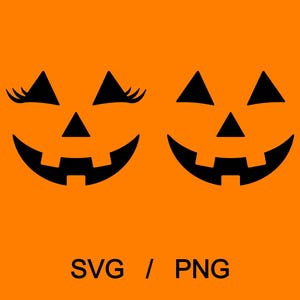 May include: Two black jack-o'-lantern face designs on an orange background. The left face features triangular eyes with eyelashes and a wide, toothy grin. The right face has simple triangular eyes and a matching grin. The text SVG / PNG appears below.