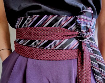 Red & Purple Stripes - Obi Sash Belt Upcycled Silk Ties