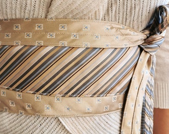 Linen Stripes - Obi Sash Belt Upcycled Silk Ties Beige Tan Light Blue