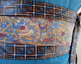Blue Frieze - Vintage Upcycled Silk Ties Obi Wide Belt Blue Copper Brown