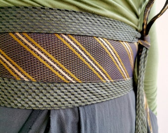 Over the Hedge - Vintage Upcycled Silk Ties Obi Wide Belt Olive Green Stripes