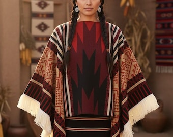 Native Western Poncho | Tribal Geometric Cape, Boho Festival Wrap