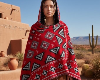 Red Native Style Hooded Poncho for Women | Western Festival Poncho | Boho Tribal Cape | Cowgirl Free Spirit