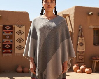 Gray Native-Inspired Poncho for Women | Southwestern Boho Festival Cape | Minimalist Tribal Western Wear
