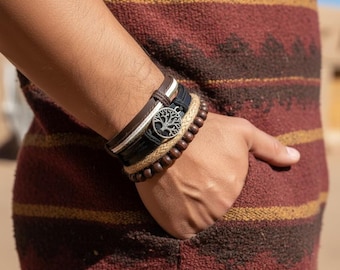Tribal Leather Bracelet | Boho Cuff with Tree Charm