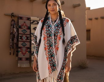 Tribal Poncho | Southwestern Geometric Shawl, Festival Cape