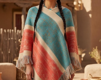 Striped Southwestern Poncho | Boho Fringe Cape