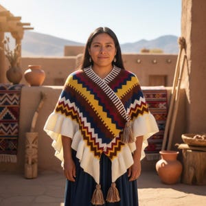 Puede incluir: Un poncho colorido con un patrón, ribete de volantes blancos y borlas. El poncho presenta un diseño en zigzag en amarillo, rojo, azul y blanco. La mujer lleva un vestido azul.
