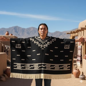 Op de afbeelding: Een zwarte poncho met een geometrisch ontwerp in wit en crèmekleur. De poncho heeft een gefranjerde onderkant en wordt buiten gedragen. De achtergrond omvat een woestijnlandschap met bergen en gebouwen.