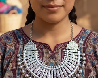 Tribal Bib Necklace | Ethnic Silver Boho Statement Jewelry