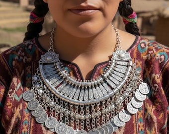 Tribal Native American Statement Necklace | Ethnic Boho Bib Jewelry | Western Silver Plastron Necklace for Women | Festival Tribal Accessory