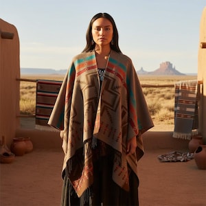 Peut inclure: Une femme porte un poncho marron orné de motifs géométriques rouges, oranges et turquoise. Le poncho a une bordure à franges et est porté sur une robe sombre. L'arrière-plan présente un paysage désertique avec une mesa.