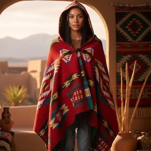 Roter Kapuzen Poncho: Handgemachter Boho Festival Wrap Schal