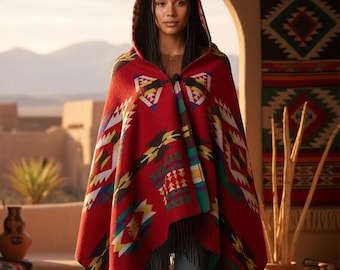 Red Hooded Poncho: Handmade Boho Festival Wrap Shawl