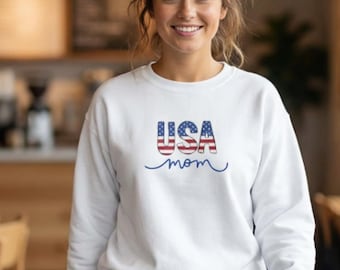 USA Mom Sweatshirt American Flag Patriotic Clothing Comfortable Design Script Apparel Casual Style Everyday Outfit fourth July gift for mom