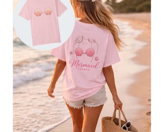 Mermaid Shell Bra Graphic Tee: Beach Summer Top Coastal Fashion Bachelorette T-shirt Summer shirt gift for her Coastal vibe