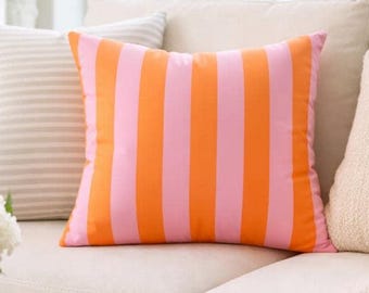 Striped Pillow Cover Cushion Pink Orange Retro Design Outdoor Cushion Throw Pillow Canvas Material Vibrant Colour Hampton Home Decor