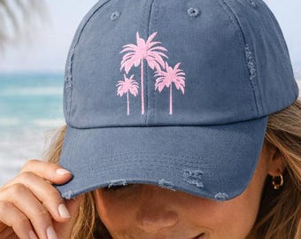 Distressed Baseball Cap Pink Palm Tree Hat Beach Style Summer Accessory Vacation Wear Casual Headgear Tropical Design Vintage Look Faded Dad