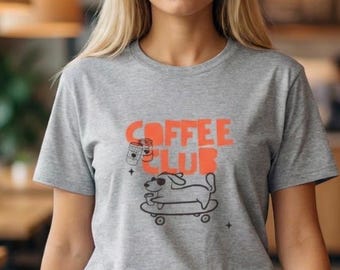 Kaffee Club T-Shirt Design Hund Grafik Skateboard Kaffee-Liebhaber-Geschenk-Idee Freizeitkleidung Lustiger Hund Druck Skateboard Thema Bekleidung Männer