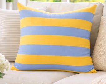 Blue Yellow Striped Cushion Cover Pillowcase Canvas Beach Theme Coastal Style Beach Decor Summer Outdoor Hampton style gift idea for her