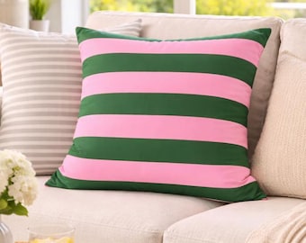 Green Pink Striped Cushion Cover Canvas Material Square Design Retro Style Home Decor Living Room Sofa Coastal Hampton outdoor living