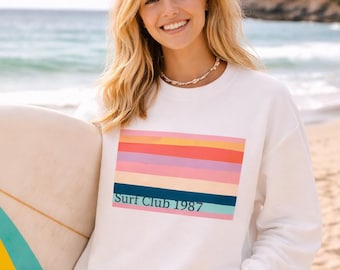 Retro Surf Sweatshirt Vintage Crewneck Pullover Style Beach Casual Top Design Striped Cotton Sunset Pattern Coastal Clothing Eighties