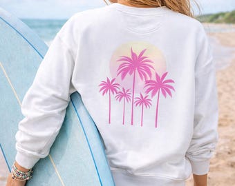 Coastal Pink Palm Sweatshirt Garment Dyed Vintage Wash Tropical Design Beach Vacation Summer Aesthetic Relaxed Fit Unisex Crewneck gift