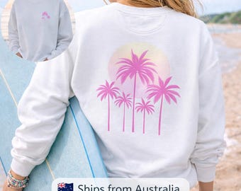 Coastal Pink Palm Sweatshirt Garment Dyed Vintage Wash Tropical Design Beach Vacation Summer Aesthetic Relaxed Fit Unisex Crewneck gift