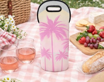 Wine bottle bag Pink Palm Carrier Insulated Bag Beach Picnic Accessory Tropical Drink Holder Summer Coastal Beverage gift for her