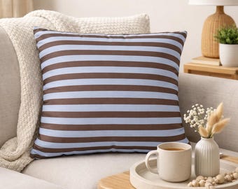 Blue Brown Stripe Pillow Cover Zipper Cushion Case Nautical Coastal Living Room Decor Modern Style Minimalist Home Accent Piece Throw