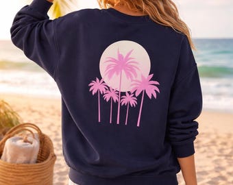 Pink Palm Sweatshirt Beach Pullover Tropical Design Coastal Clothing Vacation Wear Cozy Crewneck Summer Style gift for her
