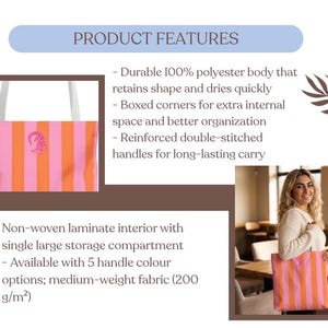 A tote bag featuring vertical orange and pink stripes with a small pink emblem on the front. The bag has white handles, a 100% polyester body, boxed corners, reinforced double-stitched handles, and a non-woven laminate interior.