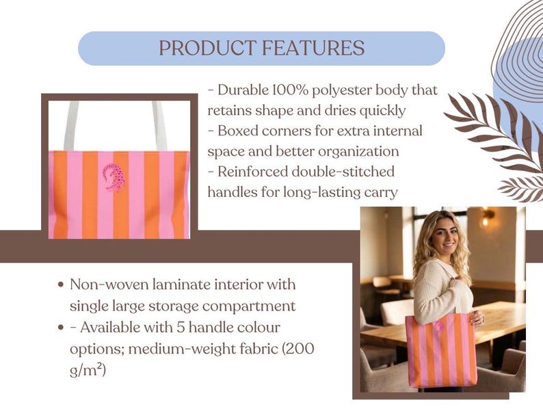 A tote bag featuring vertical orange and pink stripes with a small pink emblem on the front. The bag has white handles, a 100% polyester body, boxed corners, reinforced double-stitched handles, and a non-woven laminate interior.