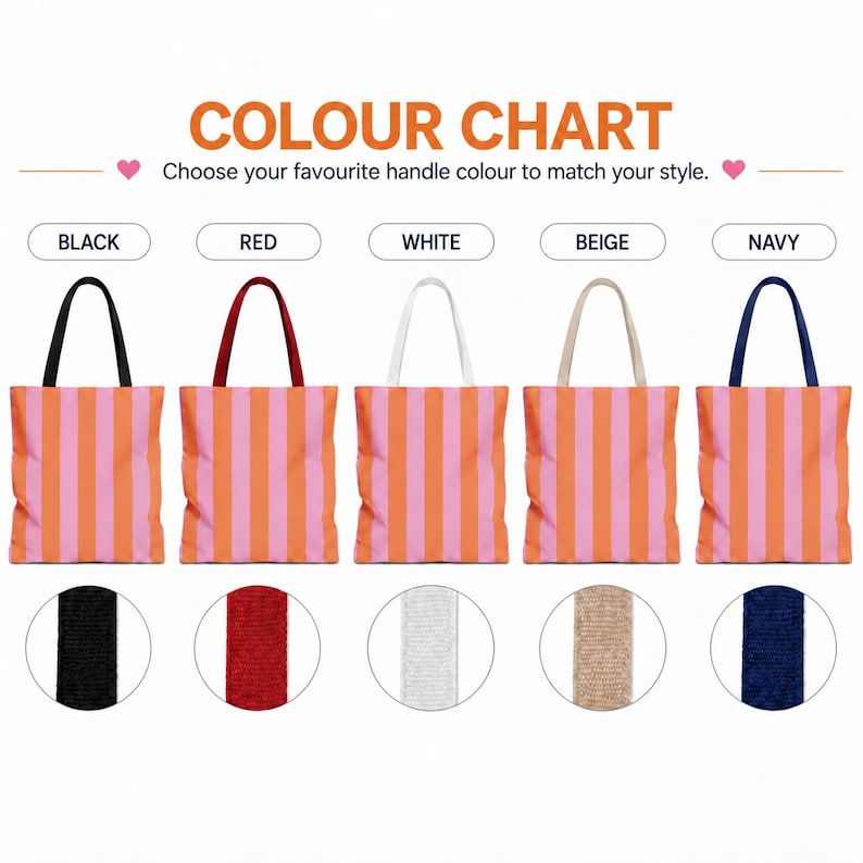 May include: A color chart displaying five tote bags with vertical orange and pink stripes. Each bag features a different handle color: black, red, white, beige, and navy. Below each bag is a circular detail showing the texture of the handle material.