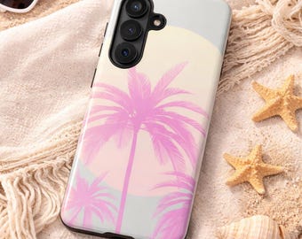 Tropical Sunset Case Phone Accessory Beach Design Palm Silhouette Retro Aesthetic Pastel Pink Summer Vibe Protection Tough Protective Cover