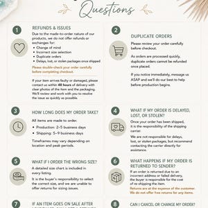 A Golden View Boutique Collection informational graphic titled Frequently Asked Questions. It lists eight numbered sections covering policies on refunds, duplicate orders, production and shipping times, lost packages, sizing, returns, sales, and order changes.