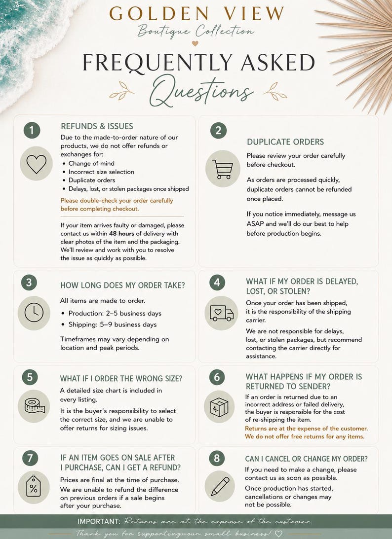 A Golden View Boutique Collection informational graphic titled Frequently Asked Questions. It lists eight numbered sections covering policies on refunds, duplicate orders, production and shipping times, lost packages, sizing, returns, sales, and order changes.