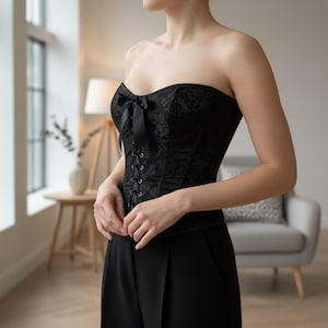 Puede incluir: Un corsé negro sin tirantes con un estampado floral y un lazo. El corsé tiene una parte delantera con cordones y se combina con pantalones negros. La imagen está tomada en interiores con luz natural.