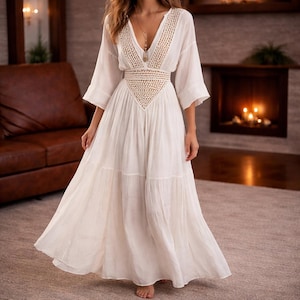 Vestido largo bohemio blanco / Ropa de resort fluida para mujer / Vestido de vacaciones de primavera con detalle de crochet
